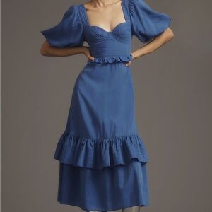 FARM Rio for Anthropologie Blue Midi Dress with Sweetheart neckline